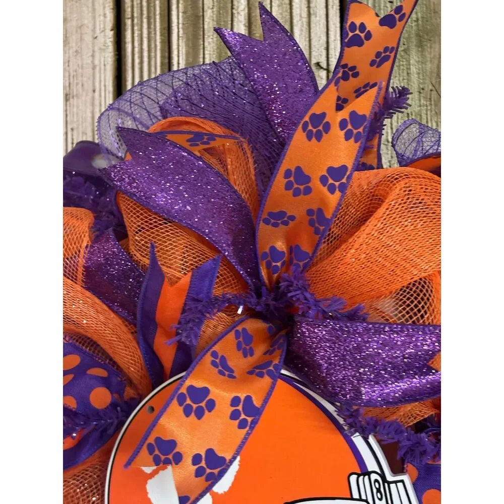 Clemson Tiger Front Door Wreath • 20x20 • Wooden Helmet • Orange & Purple